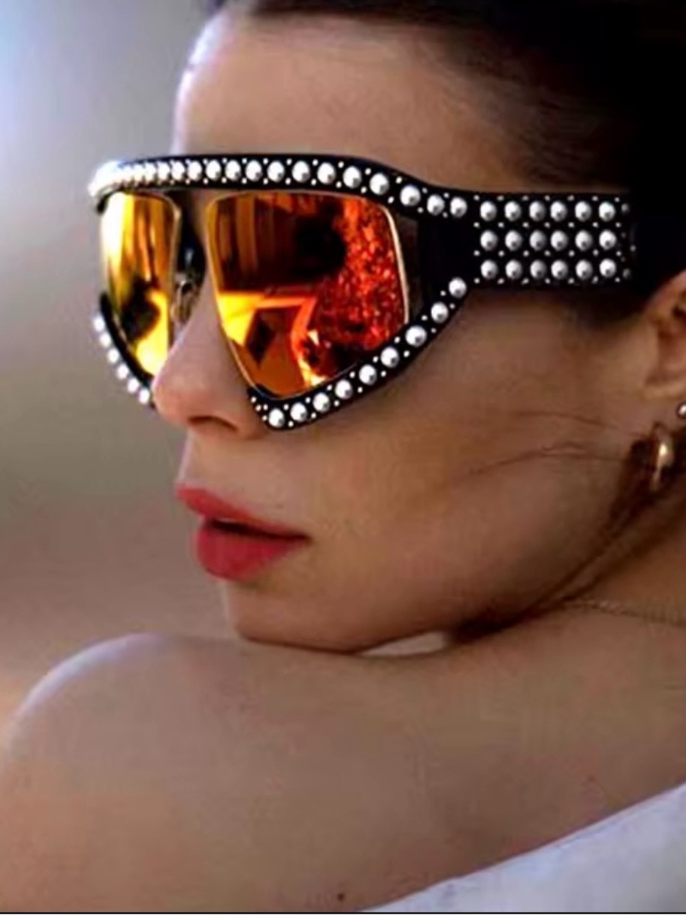 Studded Black Sunglasses with Orange Mirrored Lenses